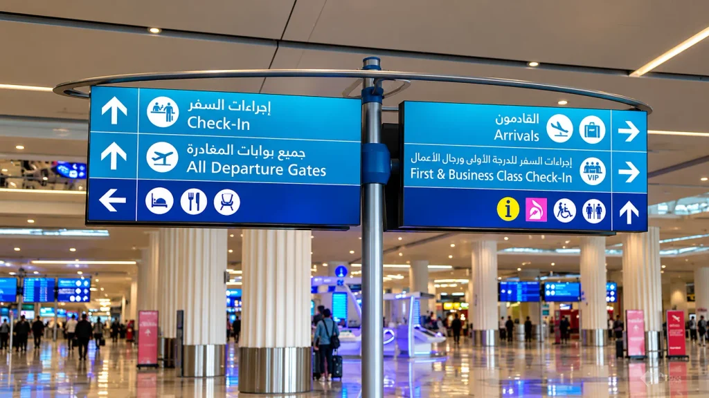 Modern airport wayfinding signage with bilingual Arabic and English directional signs for check-in, departure gates and arrivals